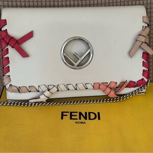 Fendi White Kan I Small Crossbody with Pink, Coral and Tan Braided Trim